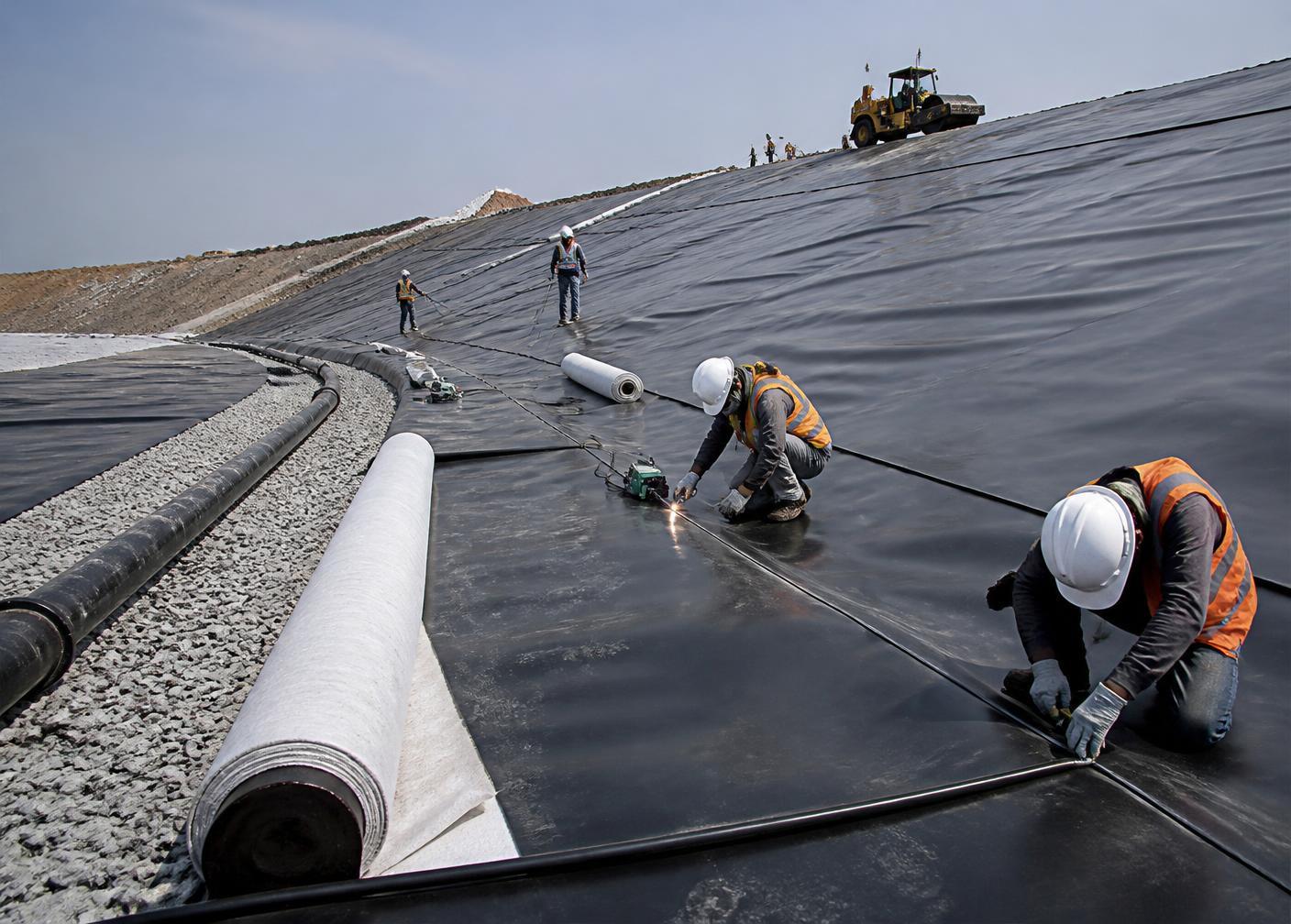 Instalación y termofusión de geomembrana HDPE en celda de contención